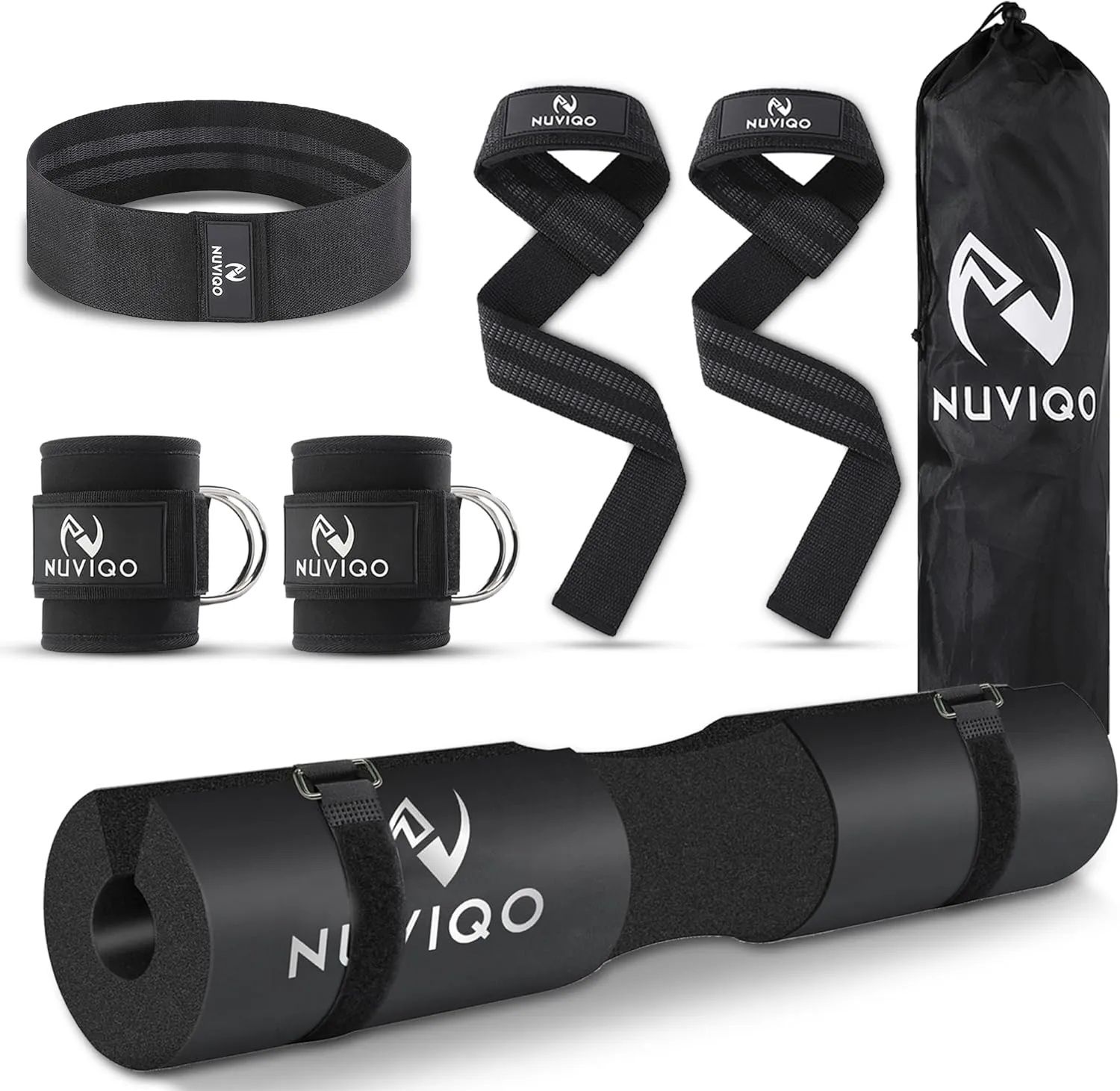 9 Pcs Gym Accessories Set Featuring Barbell Pad with 2 Safety Straps - 2 Ankle Straps for Cable Machine - 2 Weight Lifting Straps - Hip Resistance Band - Carry Bag for Hip Thrust Pad