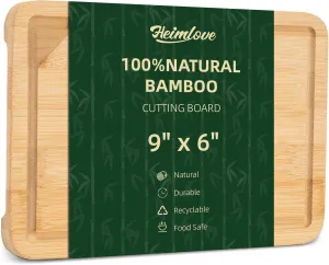 9” x 6” Mini Bamboo Cutting Board, Small Wooden Cutting Boards for Kitchen Charcuterie Boards with Juice Groove and Handles, Chopping Board for Fruit, Vegetables and Cheese