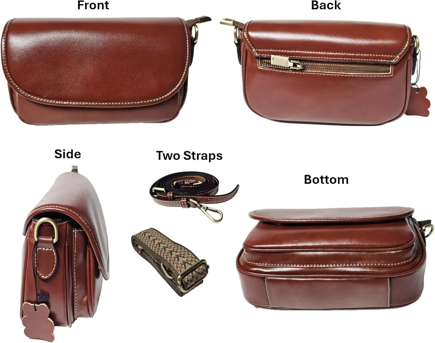 9" Women Genuine Cow Real Leather Crossbody Bag Purse with 2 Adjutable Shoulder Straps