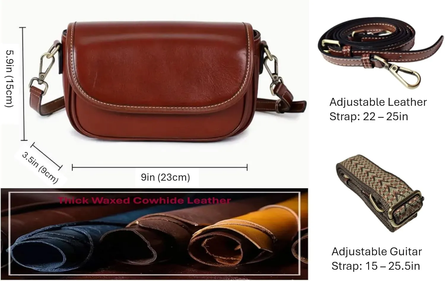 9" Women Genuine Cow Real Leather Crossbody Bag Purse with 2 Adjutable Shoulder Straps