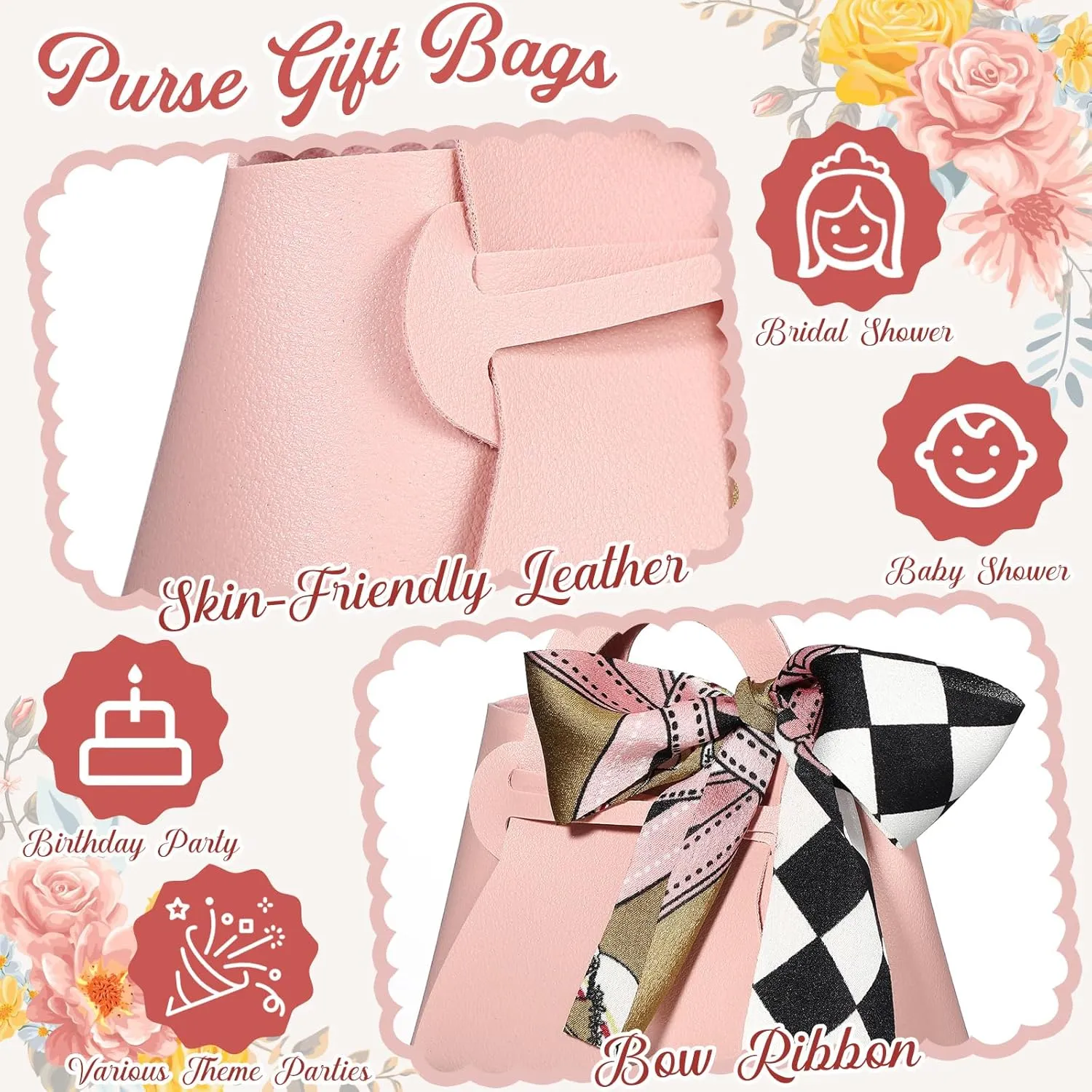 Abbylike 18 Pcs PU Leather Purse Gift Bags with Handles Ribbon Purse Party Favor Bags for Baby Showers Birthday Wedding Candy(Pink)
