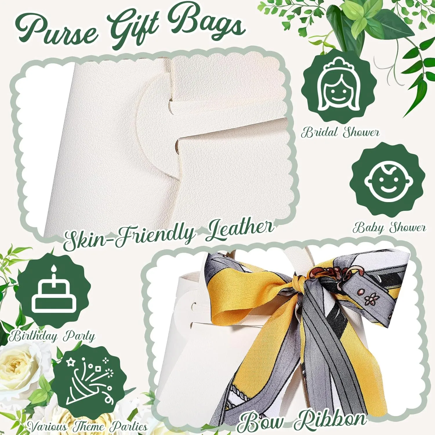 Abbylike 18 Pcs PU Leather Purse Gift Bags with Handles Ribbon Purse Party Favor Bags for Baby Showers Birthday Wedding Candy(White)