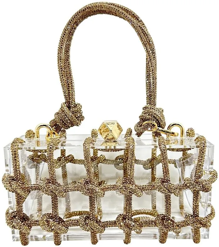 Acrylic Clutch with Rhinestone Sparkly Purse, Transparent Evening Bags Prom, Wedding, Party, Gold