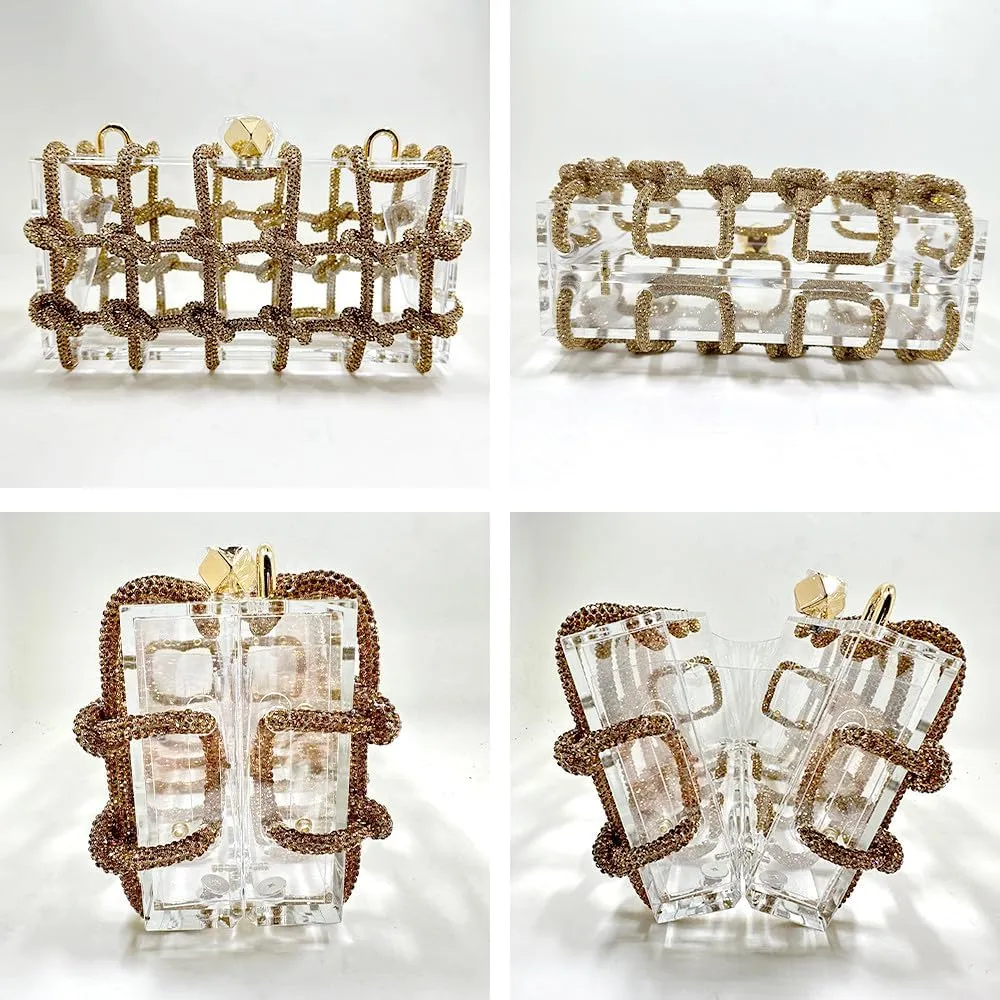Acrylic Clutch with Rhinestone Sparkly Purse, Transparent Evening Bags Prom, Wedding, Party, Gold