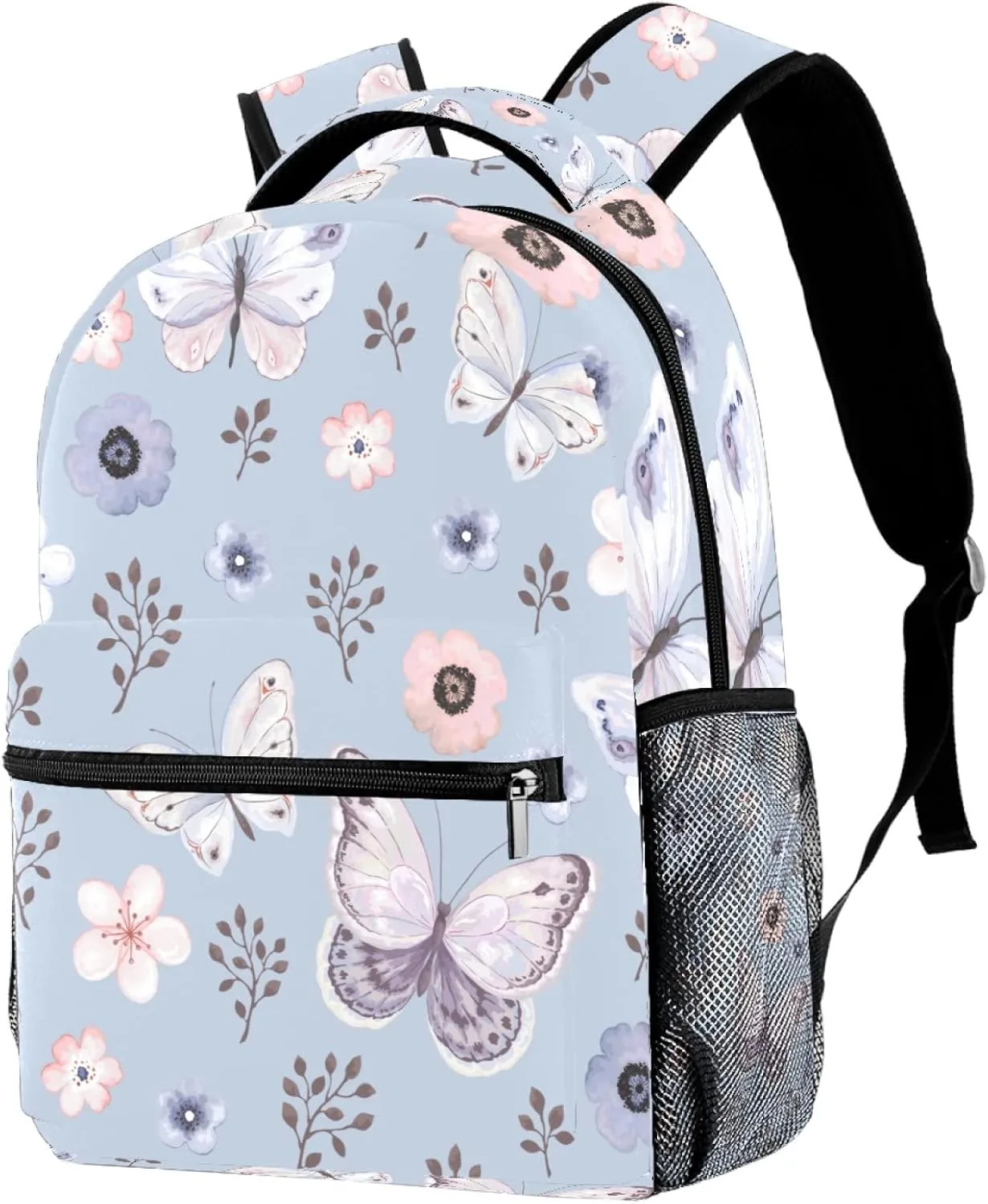 Aesthetic Flying Butterflies and Flowers School Backpack Medium Size, Travel Bag for Women Men Teens Girls Boys