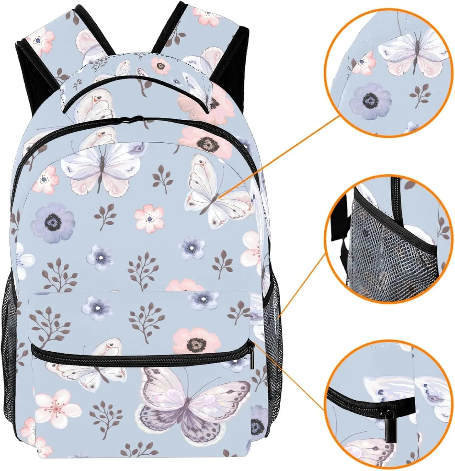 Aesthetic Flying Butterflies and Flowers School Backpack Medium Size, Travel Bag for Women Men Teens Girls Boys