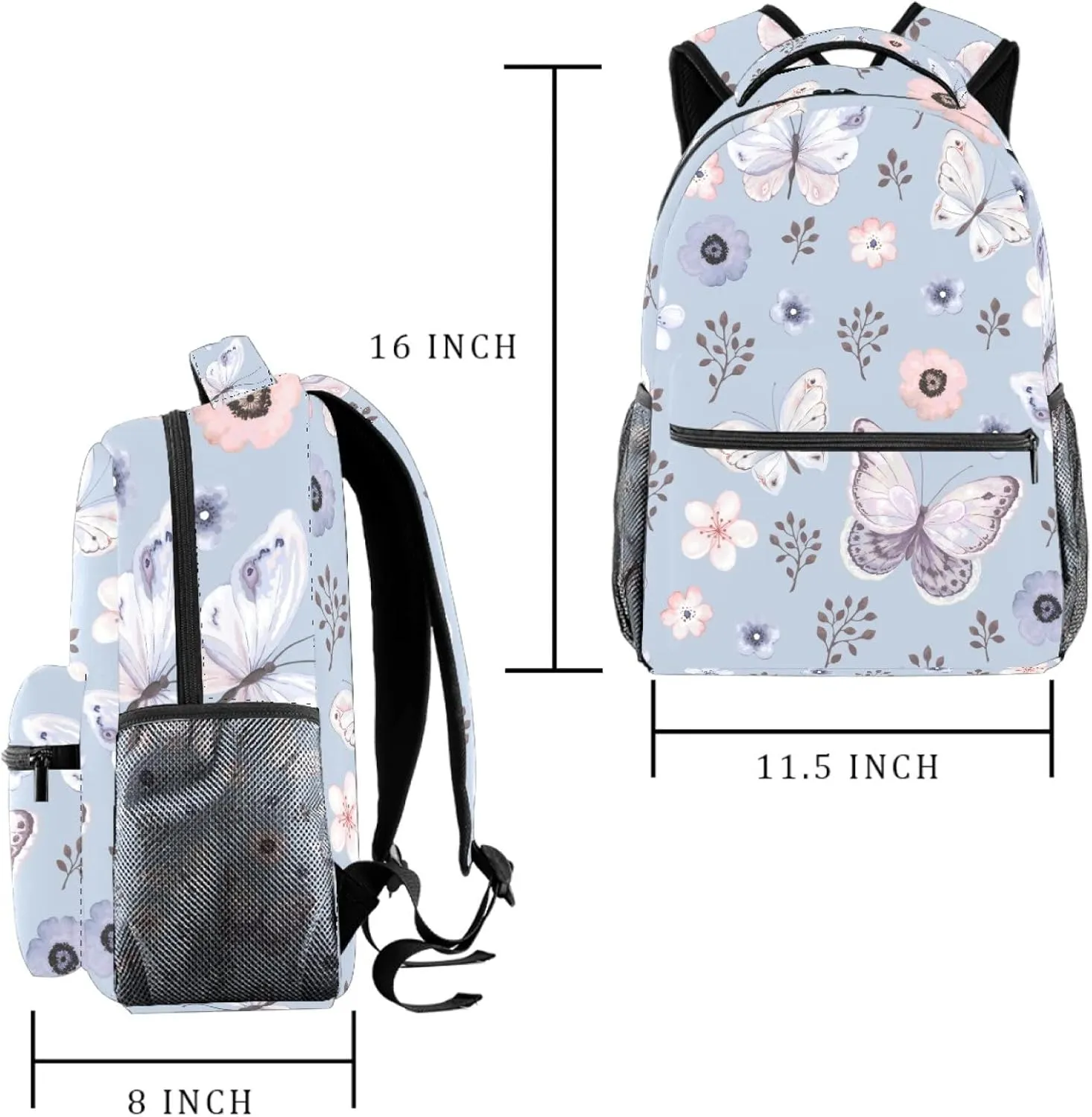 Aesthetic Flying Butterflies and Flowers School Backpack Medium Size, Travel Bag for Women Men Teens Girls Boys