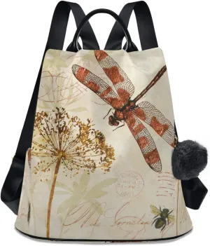 ALAZA Watercolor Retro Dragonfly Dandelion Backpack Purse with Adjustable Straps