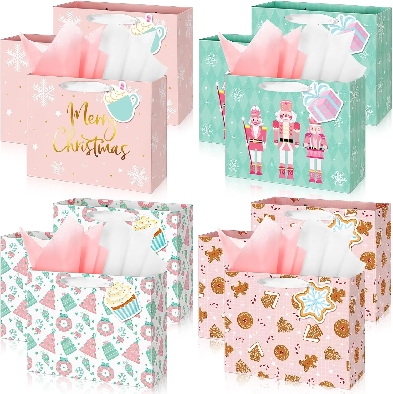 Aliceset 12 Pcs Pink Christmas Gift Bag with Tissue Paper 10 x 8 x 4'' Medium Xmas Wrapping Bag with Tag Gold Foil Merry Xmas Nutcracker Gingerbread Gift Bag for Holiday New Year Wrapping