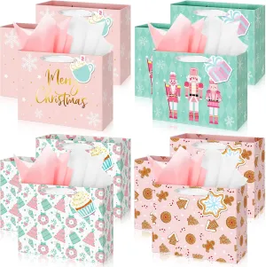 Aliceset 12 Pcs Pink Christmas Gift Bag with Tissue Paper 10 x 8 x 4'' Medium Xmas Wrapping Bag with Tag Gold Foil Merry Xmas Nutcracker Gingerbread Gift Bag for Holiday New Year Wrapping