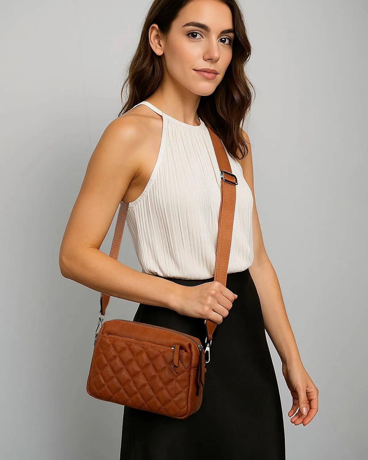 Alldaily Small Triple Zip Crossbody Purse for Women, Vegan Leather Phone Bag with Wide Shoulder Strap