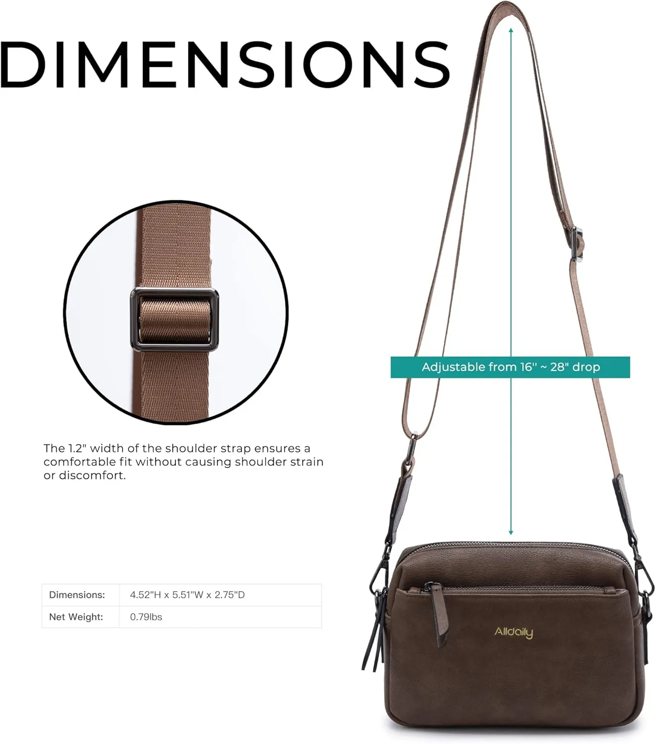Alldaily Small Triple Zip Crossbody Purse for Women, Vegan Leather Phone Bag with Wide Shoulder Strap