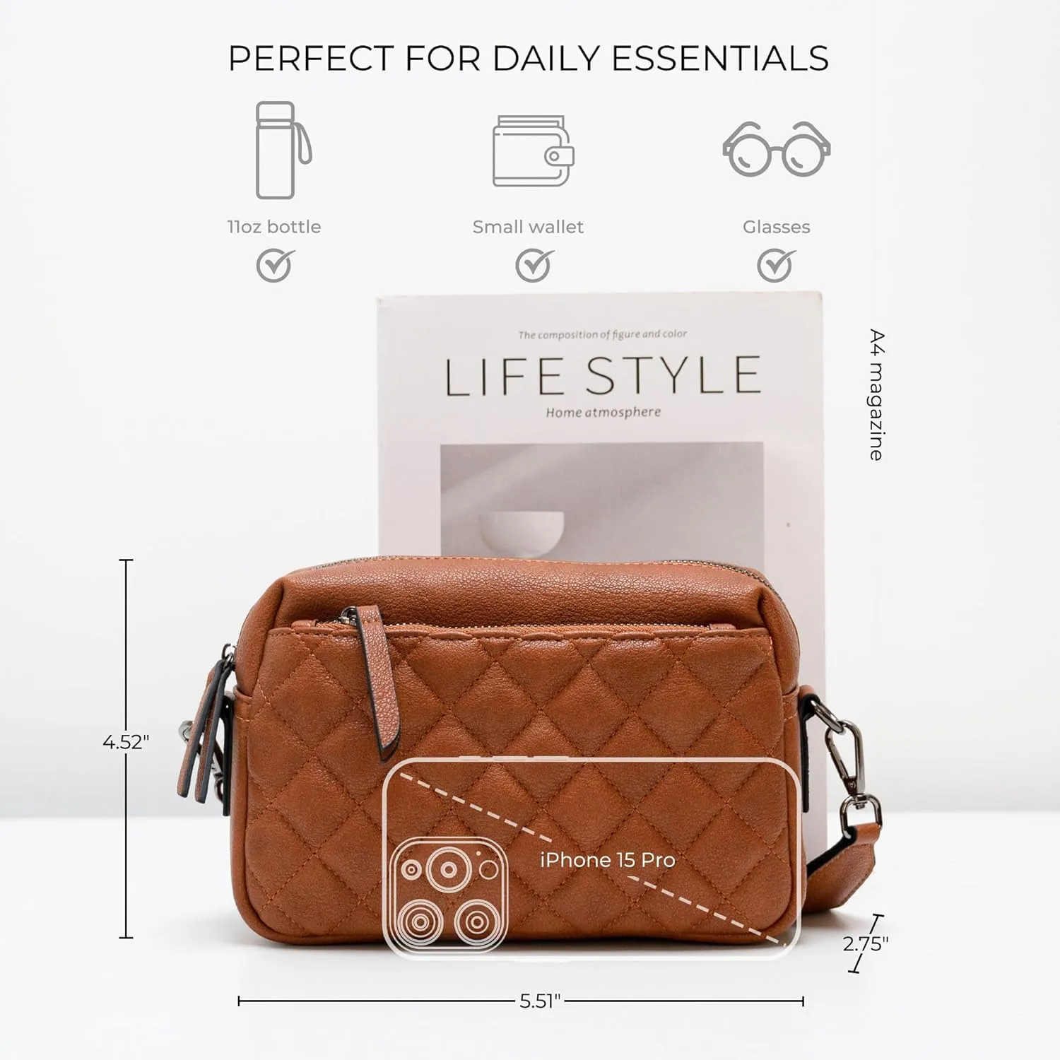 Alldaily Small Triple Zip Crossbody Purse for Women, Vegan Leather Phone Bag with Wide Shoulder Strap