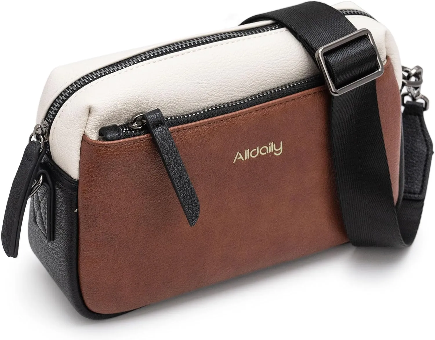 Alldaily Small Triple Zip Crossbody Purse for Women, Vegan Leather Phone Bag with Wide Shoulder Strap