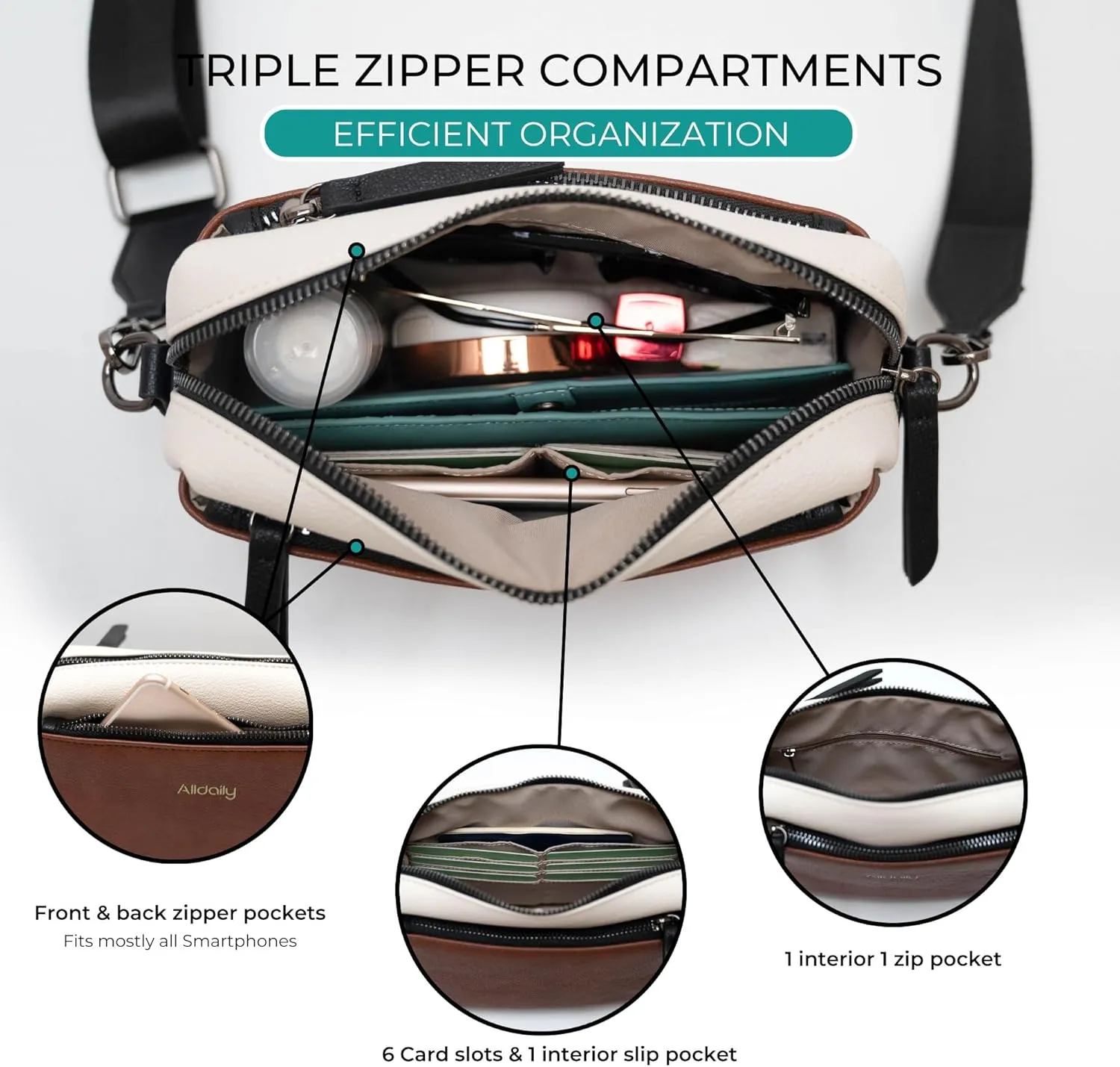 Alldaily Small Triple Zip Crossbody Purse for Women, Vegan Leather Phone Bag with Wide Shoulder Strap