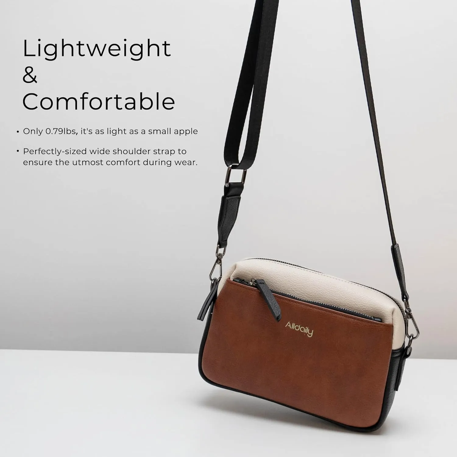 Alldaily Small Triple Zip Crossbody Purse for Women, Vegan Leather Phone Bag with Wide Shoulder Strap
