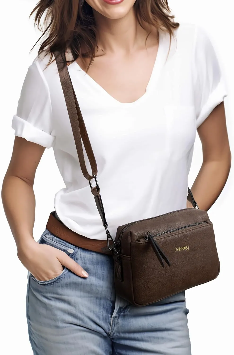 Alldaily Small Triple Zip Crossbody Purse for Women, Vegan Leather Phone Bag with Wide Shoulder Strap