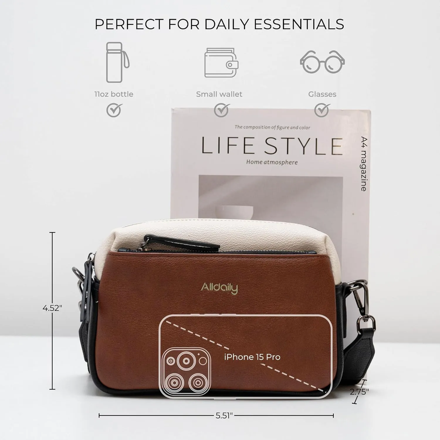 Alldaily Small Triple Zip Crossbody Purse for Women, Vegan Leather Phone Bag with Wide Shoulder Strap