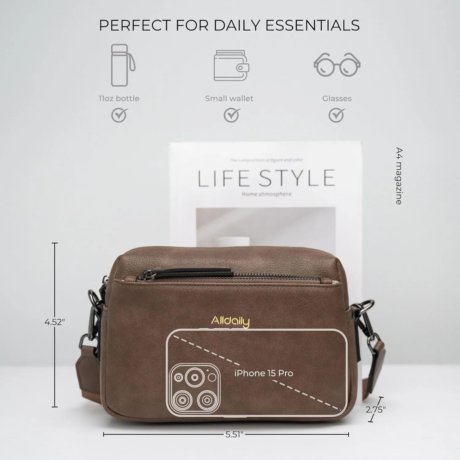 Alldaily Small Triple Zip Crossbody Purse for Women, Vegan Leather Phone Bag with Wide Shoulder Strap