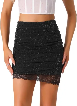 Allegra K Metallic Glitter Skirt for Women's Party Mesh Lace Hem Shimmer Ruched Bodycon Mini Skirts