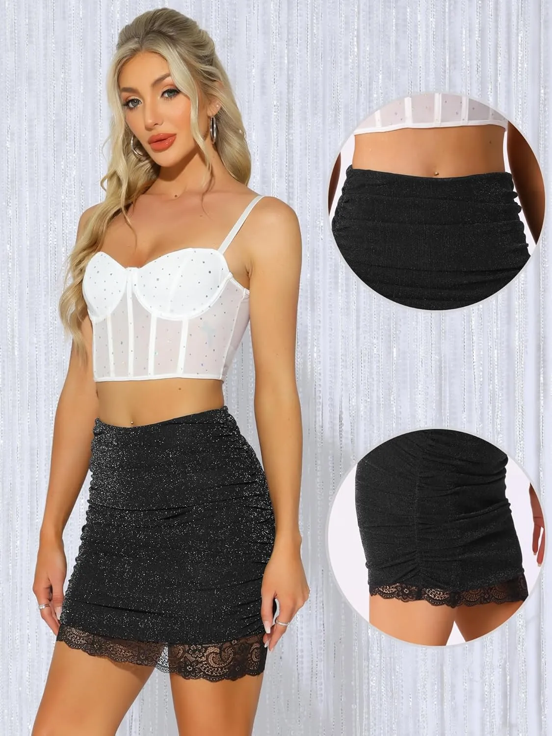 Allegra K Metallic Glitter Skirt for Women's Party Mesh Lace Hem Shimmer Ruched Bodycon Mini Skirts