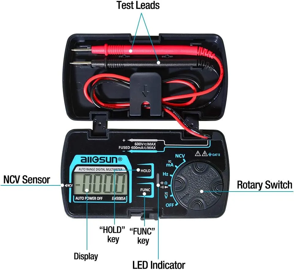 allsun Auto Ranging Pocket Tiny Digital Multimeter, Mini Electrical Travel Meter AC/DC Ohm Volt NCV Amp Capacitance Frequency Diode Continuity