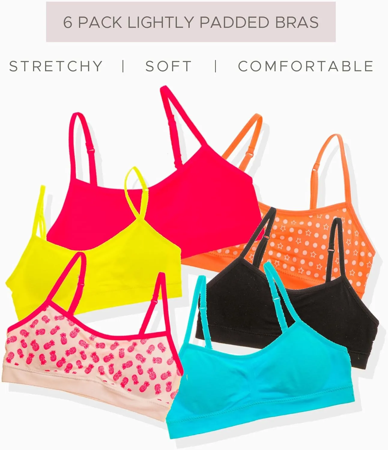 Alyce Intimates Pack of 6 Seamless Girls Bra with Lace Trim & Adjustable Straps- Youth Lightly Padded Bras for Girls
