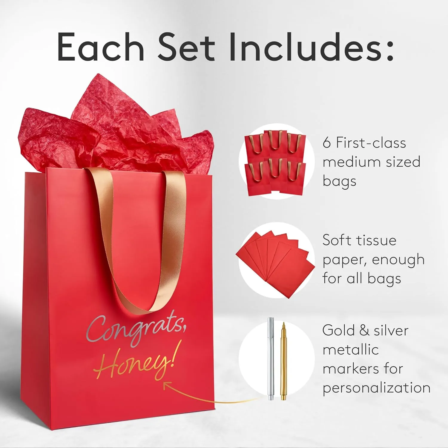 Anavego 6 First-Class Red Gift Bags with Metallic Markers for Personalization & Tissue Paper. Medium Size 8x10″. Matte & Sturdy. Valentines Day Gift Bags for Him Her Women Men Custom Birthday