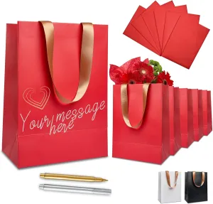 Anavego 6 First-Class Red Gift Bags with Metallic Markers for Personalization & Tissue Paper. Medium Size 8x10″. Matte & Sturdy. Valentines Day Gift Bags for Him Her Women Men Custom Birthday