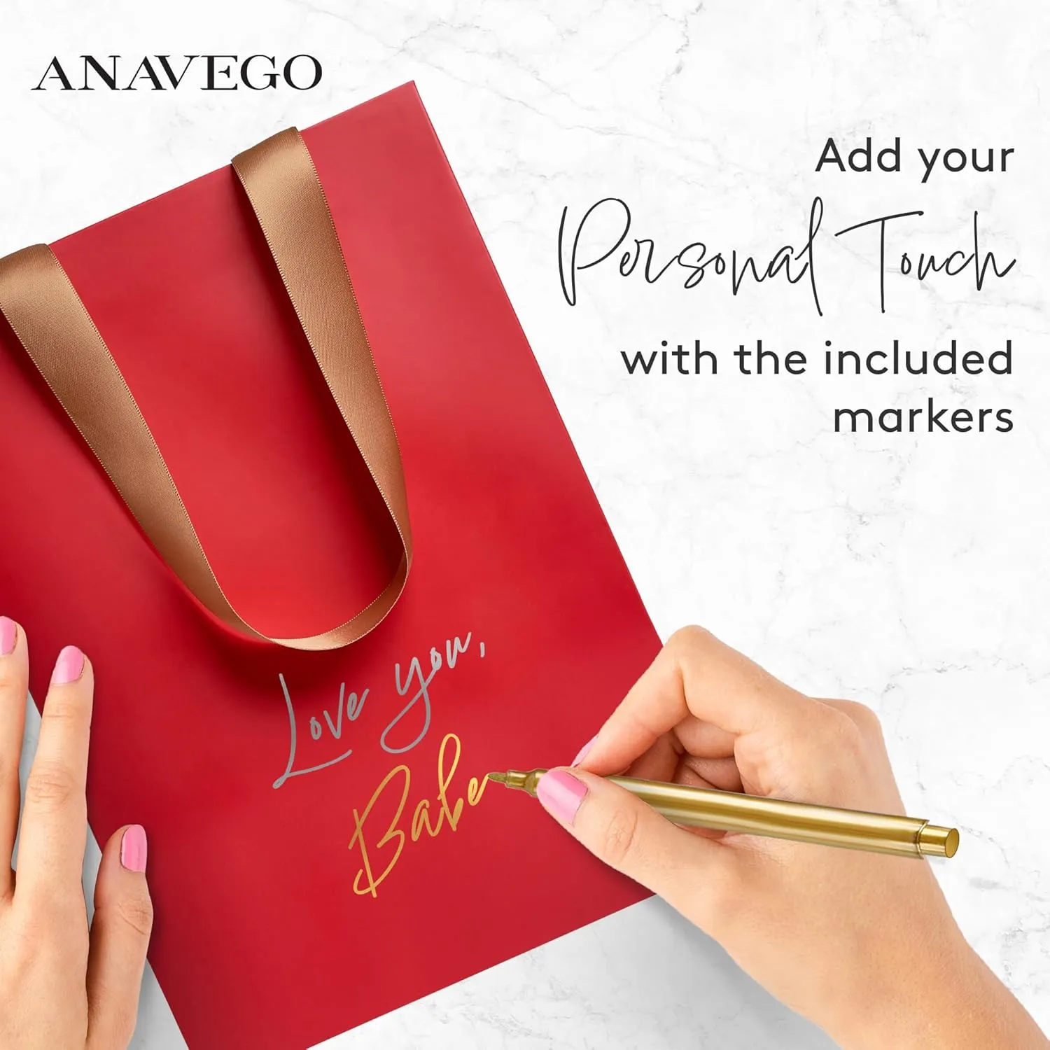 Anavego 6 First-Class Red Gift Bags with Metallic Markers for Personalization & Tissue Paper. Medium Size 8x10″. Matte & Sturdy. Valentines Day Gift Bags for Him Her Women Men Custom Birthday