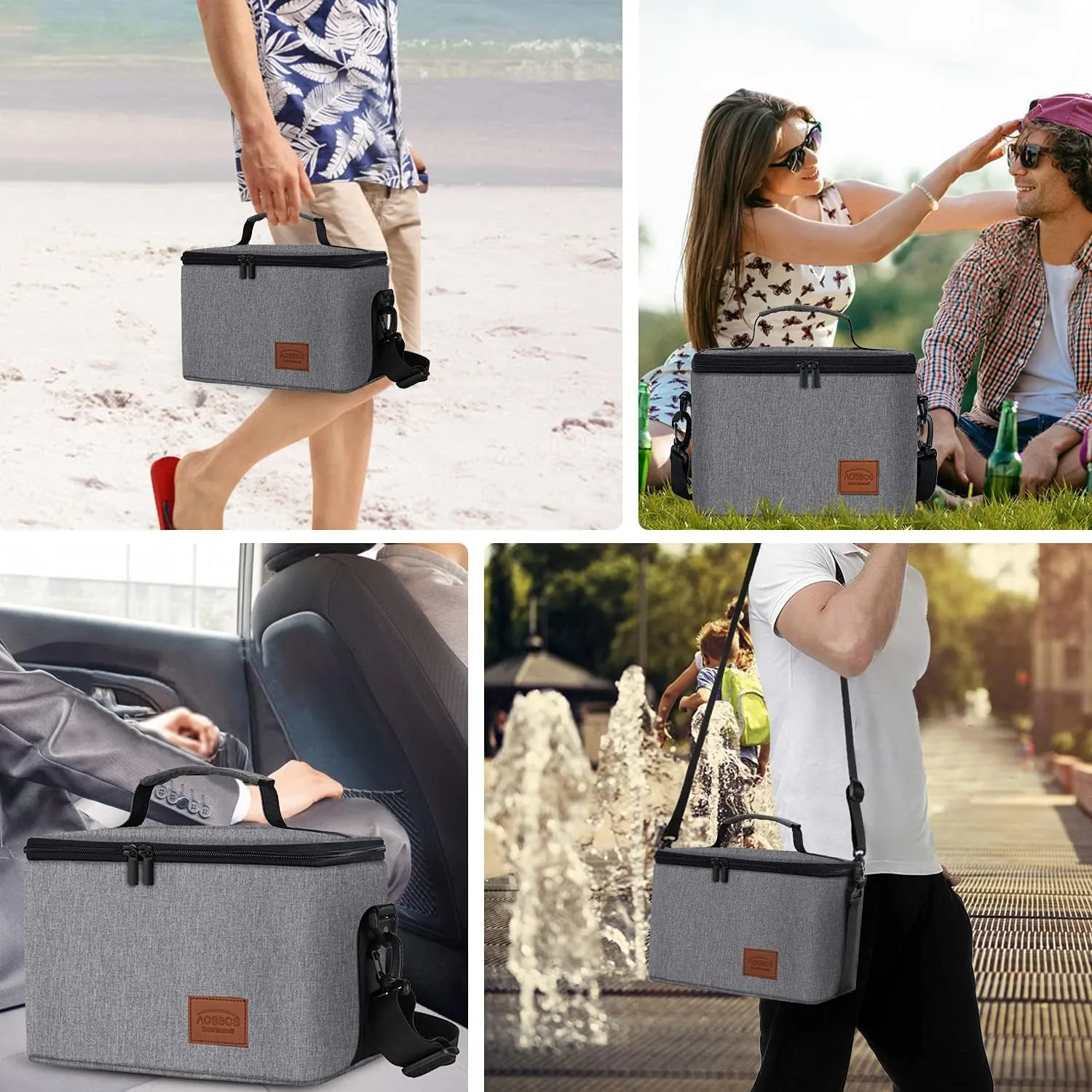 Aosbos Large Lunch Bag Insulated Lunch Box for Men Women Leakproof Lunch Boxes Reusable Lunch Cooler Bags with Shoulder Strap Adult Lunch Pail Thermal Lunchbox Meal Prep Container Work Picnic Gray