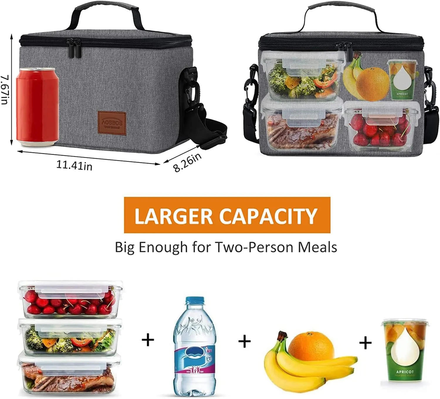 Aosbos Large Lunch Bag Insulated Lunch Box for Men Women Leakproof Lunch Boxes Reusable Lunch Cooler Bags with Shoulder Strap Adult Lunch Pail Thermal Lunchbox Meal Prep Container Work Picnic Gray