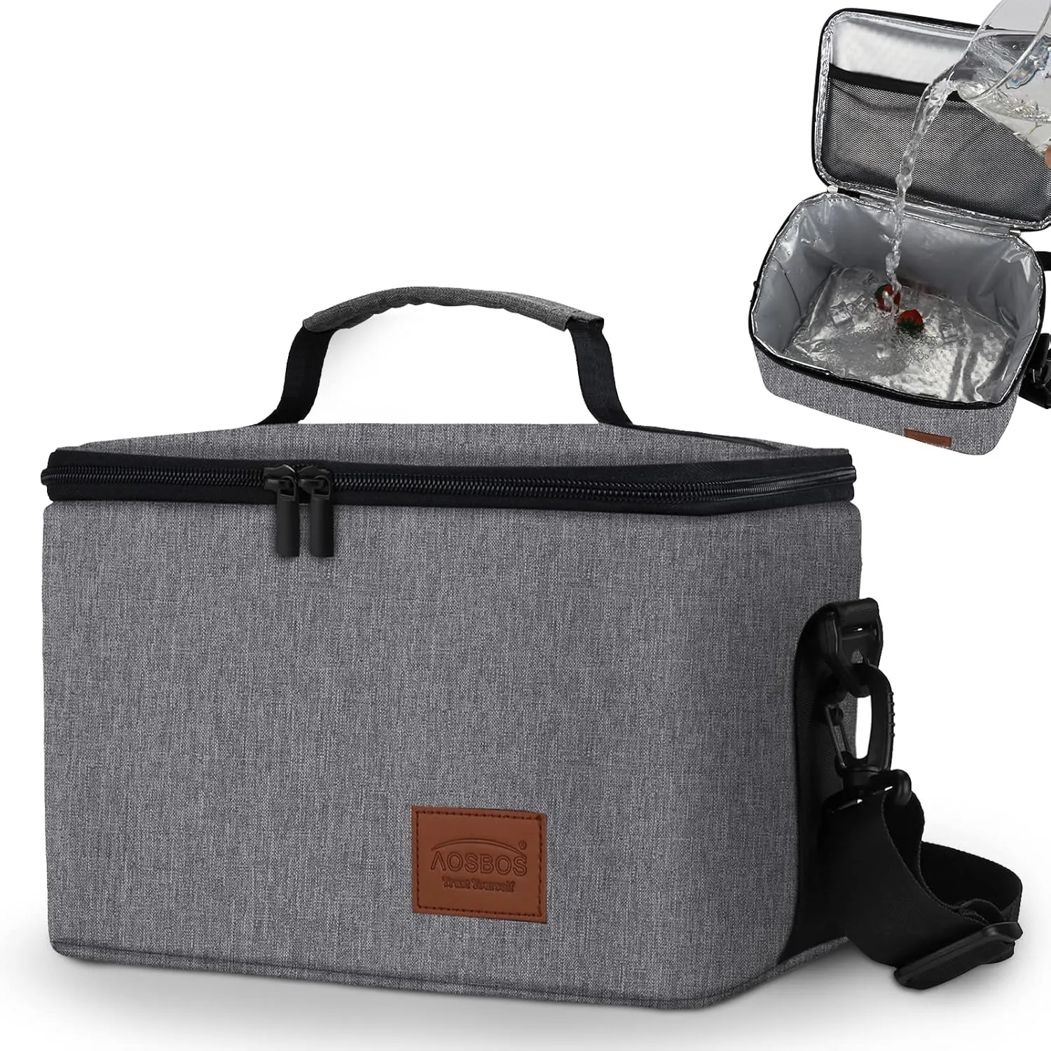 Aosbos Large Lunch Bag Insulated Lunch Box for Men Women Leakproof Lunch Boxes Reusable Lunch Cooler Bags with Shoulder Strap Adult Lunch Pail Thermal Lunchbox Meal Prep Container Work Picnic Gray
