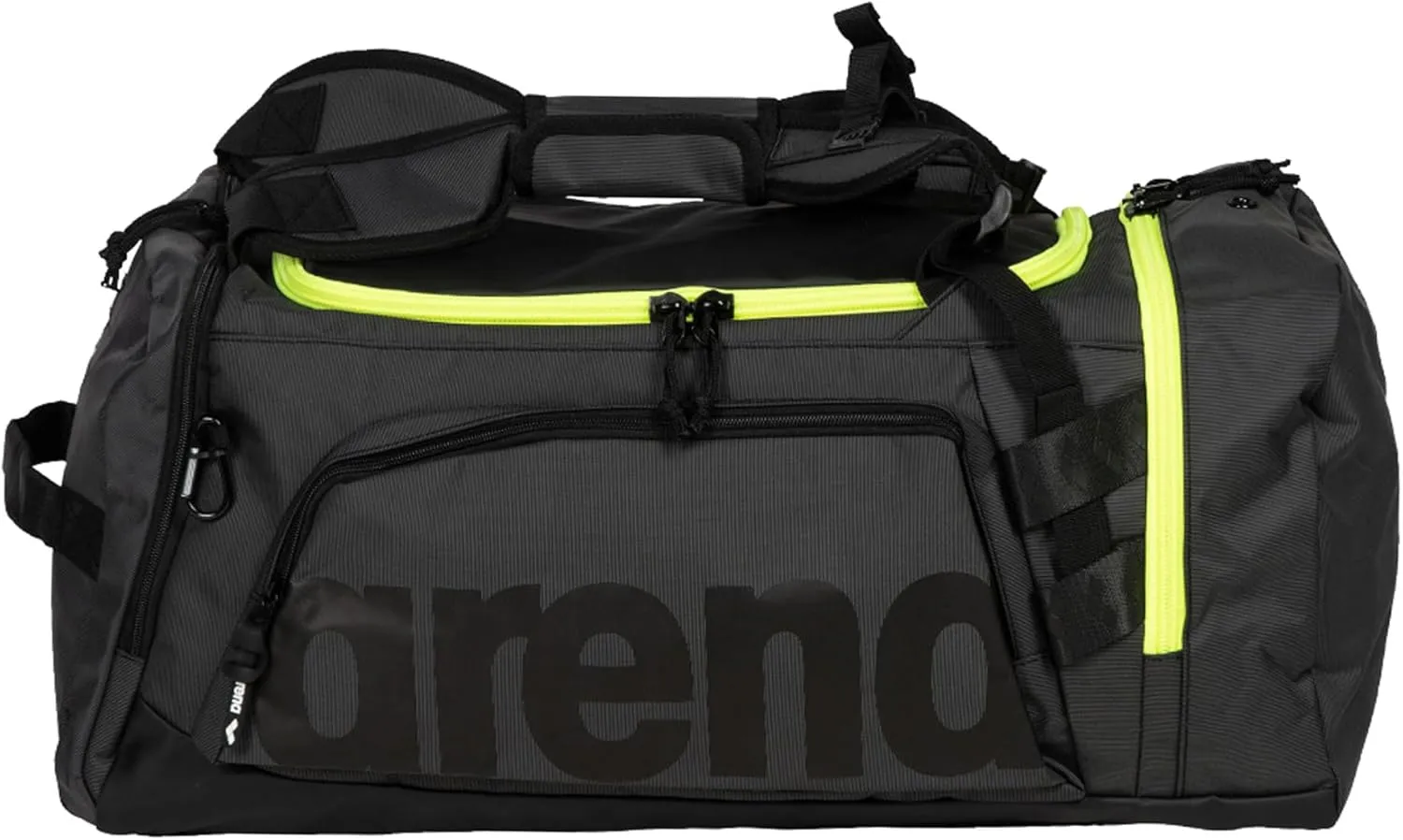 ARENA Unisex Adult Fast Multi Backpack Shoulder Duffle Bag for Athletes Sports Gym Tote Weekender Overnight Bag, 55 Liters, Dark Smoke/Neon Yellow