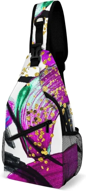 Artistic Doodle Style Sling Bag Crossbody for Women Men Lightweight Adjustable Extender Strap Abstract Shoulder Backpack with Water Bottle Holder Casual Daypack for Hiking Travel