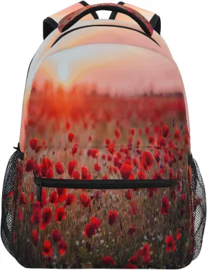 AUUXVA Backpack Flower Red Poppy Sunset School Shoulder Bag Large Waterproof Durable Bookbag Laptop Daypack for Students Teens Girls Boys Elementary