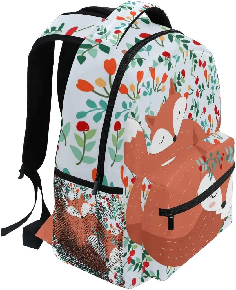 AUUXVA Backpack Fox Couple Flower Berry School Shoulder Bag Large Waterproof Durable Bookbag Laptop Daypack for Students Teens Girls Boys Elementary