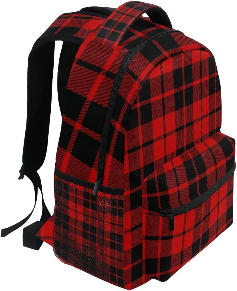 AUUXVA Backpack Red Black Christmas Buffalo Plaid Check School Shoulder Bag Large Waterproof Durable Bookbag Laptop Daypack for Students Kids Teens Girls Boys Elementary