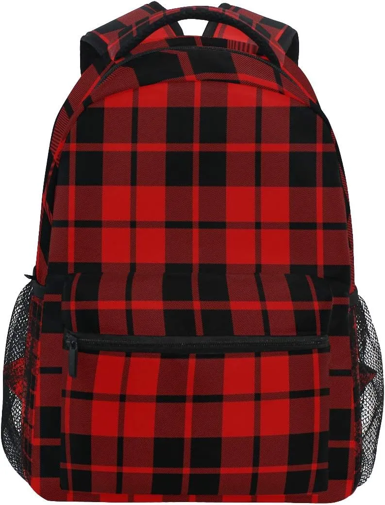 AUUXVA Backpack Red Black Christmas Buffalo Plaid Check School Shoulder Bag Large Waterproof Durable Bookbag Laptop Daypack for Students Kids Teens Girls Boys Elementary