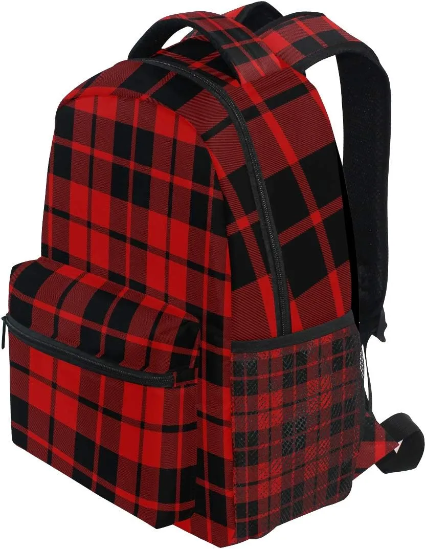 AUUXVA Backpack Red Black Christmas Buffalo Plaid Check School Shoulder Bag Large Waterproof Durable Bookbag Laptop Daypack for Students Kids Teens Girls Boys Elementary