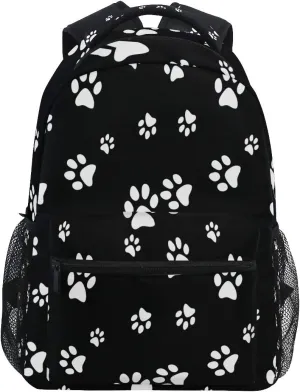 AUUXVA Backpack White Puppy Paw Print Black School Shoulder Bag Large Waterproof Durable Bookbag Laptop Daypack for Students Teens Girls Boys Elementary