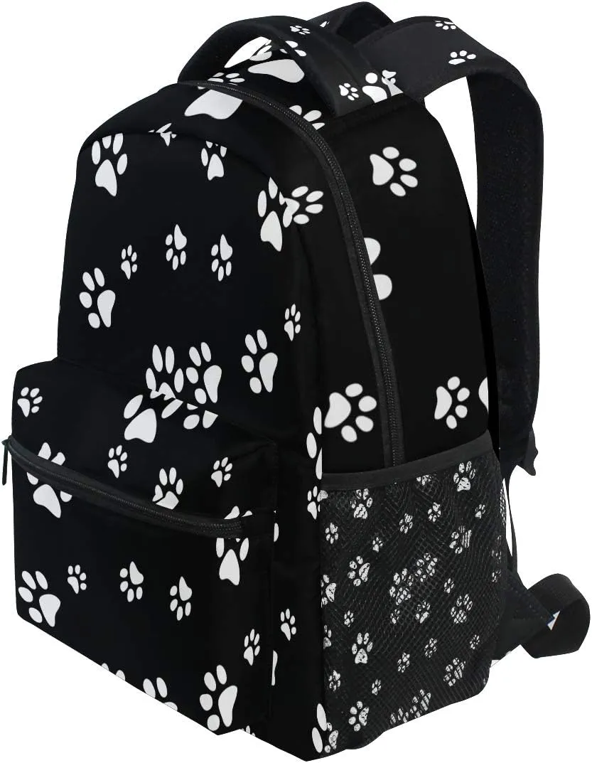 AUUXVA Backpack White Puppy Paw Print Black School Shoulder Bag Large Waterproof Durable Bookbag Laptop Daypack for Students Teens Girls Boys Elementary