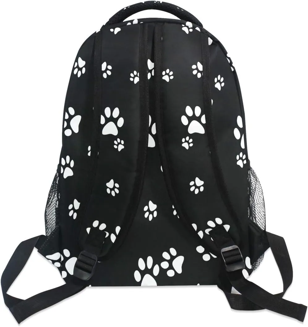 AUUXVA Backpack White Puppy Paw Print Black School Shoulder Bag Large Waterproof Durable Bookbag Laptop Daypack for Students Teens Girls Boys Elementary