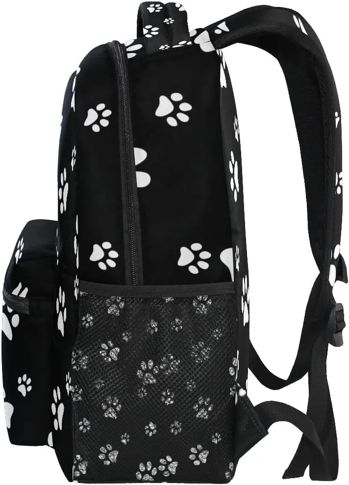 AUUXVA Backpack White Puppy Paw Print Black School Shoulder Bag Large Waterproof Durable Bookbag Laptop Daypack for Students Teens Girls Boys Elementary