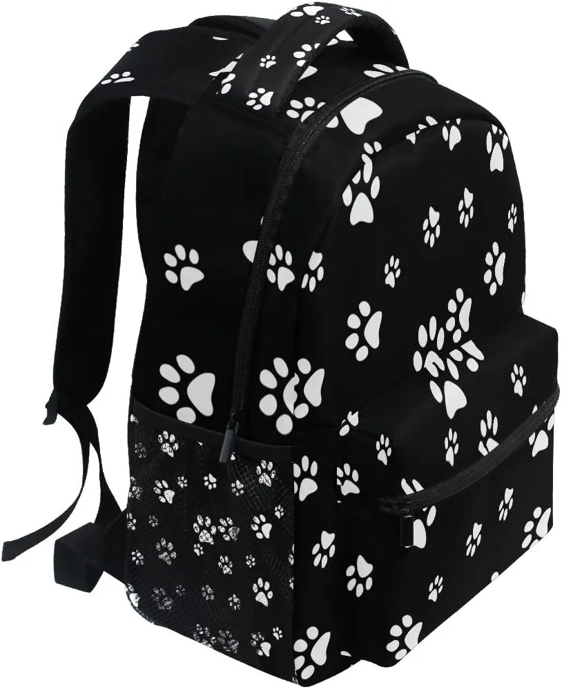 AUUXVA Backpack White Puppy Paw Print Black School Shoulder Bag Large Waterproof Durable Bookbag Laptop Daypack for Students Teens Girls Boys Elementary
