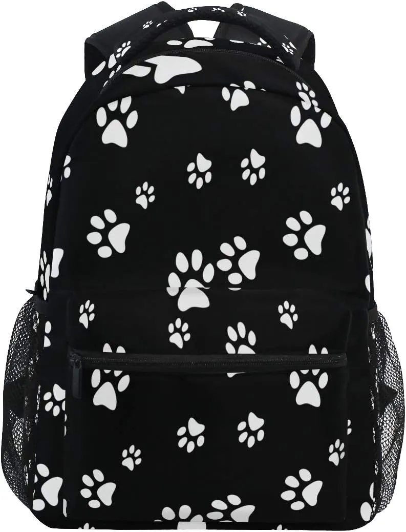 AUUXVA Backpack White Puppy Paw Print Black School Shoulder Bag Large Waterproof Durable Bookbag Laptop Daypack for Students Teens Girls Boys Elementary