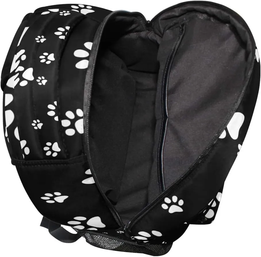 AUUXVA Backpack White Puppy Paw Print Black School Shoulder Bag Large Waterproof Durable Bookbag Laptop Daypack for Students Teens Girls Boys Elementary