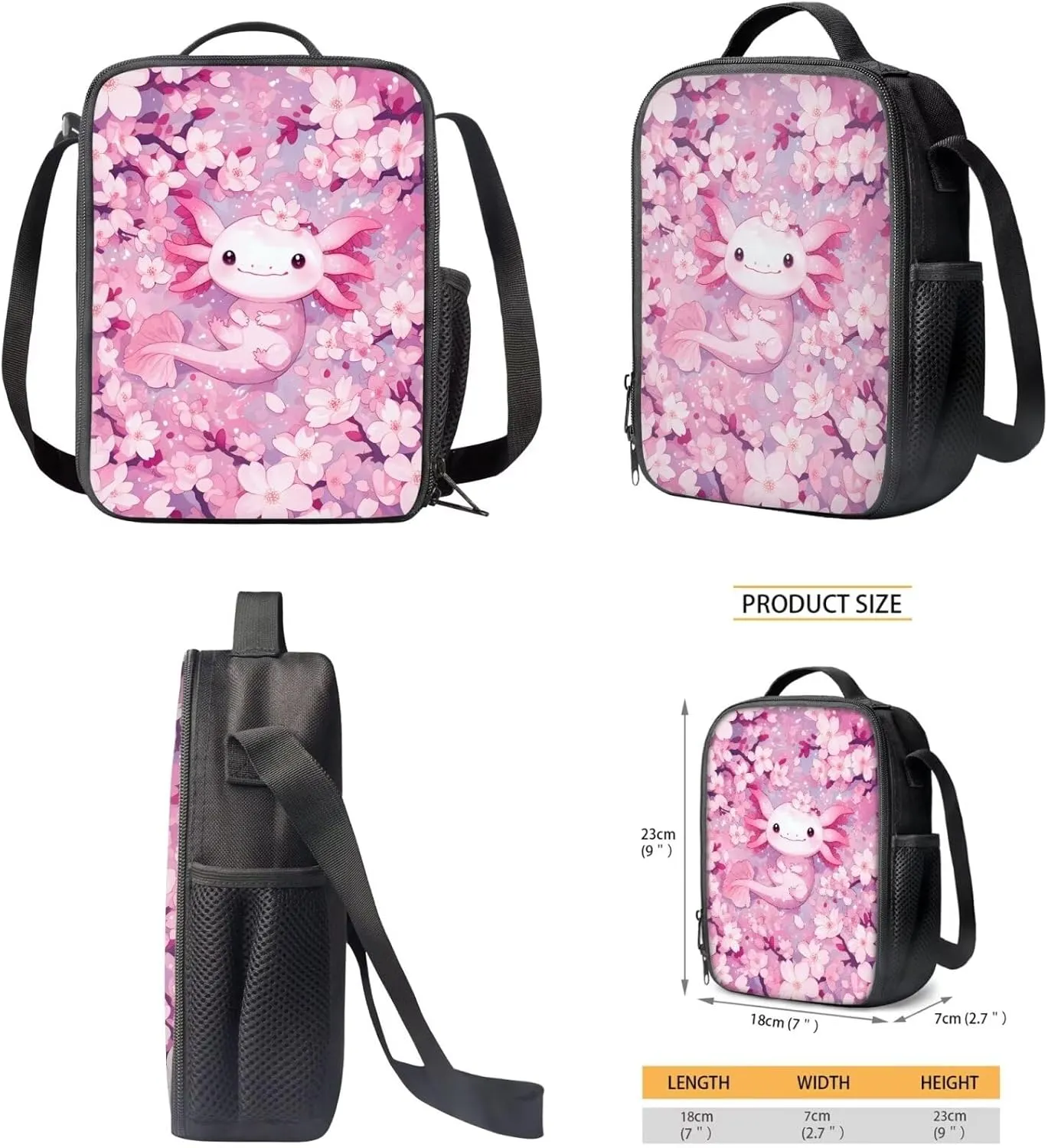 Axolotl 3 Piece Kids School Bookbag Set for Age 3-9 Toddler Kindergarten Elementary Backpack with Lunch Bag and Pencil Box for Girls Cute School Bag