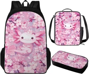 Axolotl 3 Piece Kids School Bookbag Set for Age 3-9 Toddler Kindergarten Elementary Backpack with Lunch Bag and Pencil Box for Girls Cute School Bag