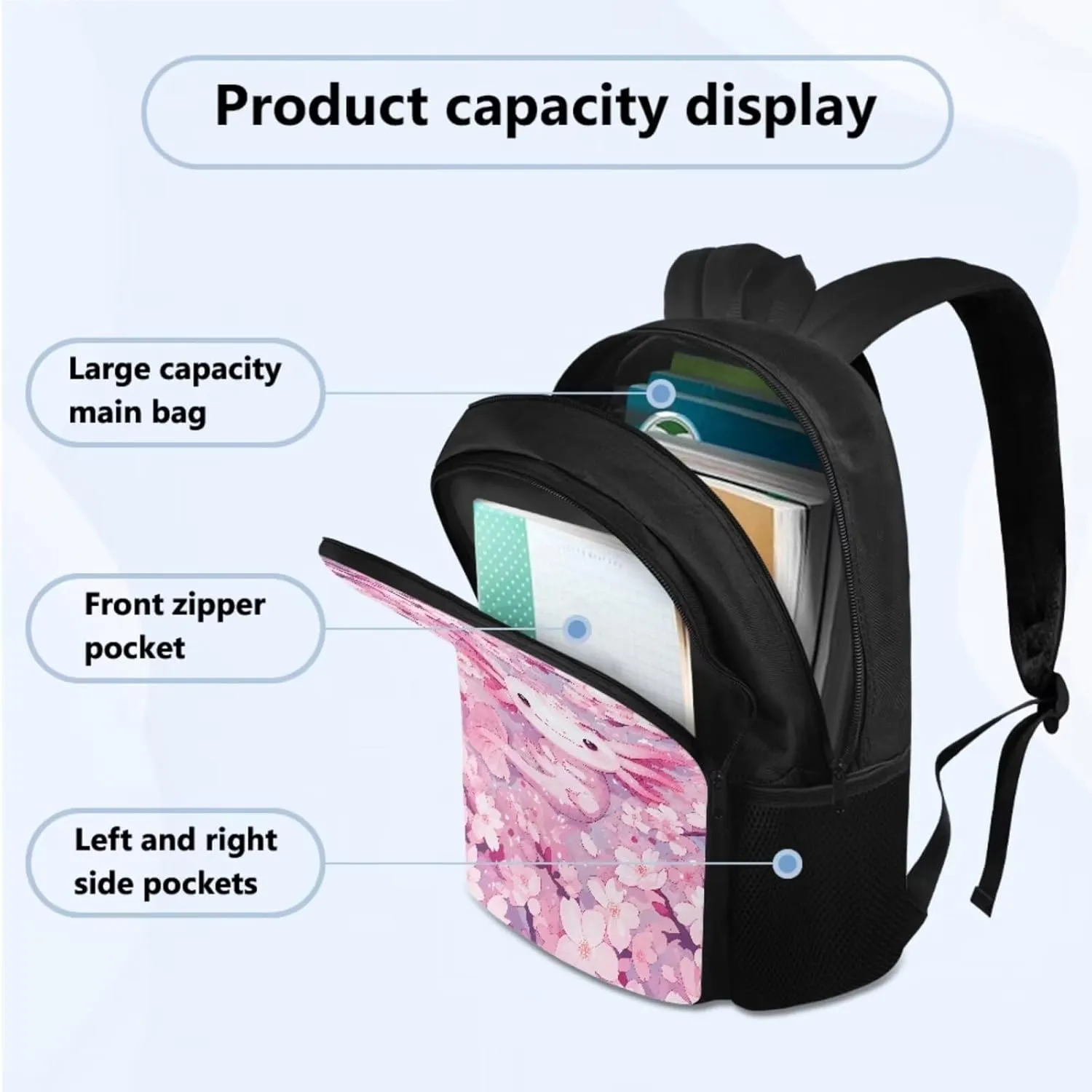 Axolotl 3 Piece Kids School Bookbag Set for Age 3-9 Toddler Kindergarten Elementary Backpack with Lunch Bag and Pencil Box for Girls Cute School Bag